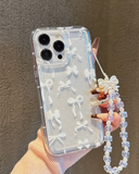 White Polka Dot Bow Design Shock-Proof Phone Case With Fashionable Lanyard