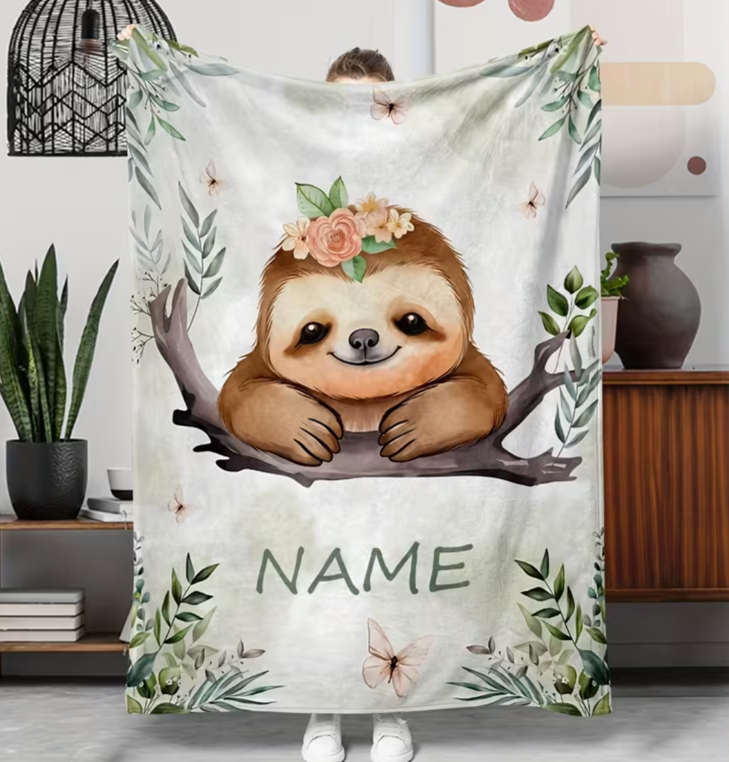 1pc Personalized Sloth-Themed Digital Print Flannel Blanket