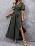 Women's Butterfly Sleeve Ruched Waist Split Thigh Dress Maxi