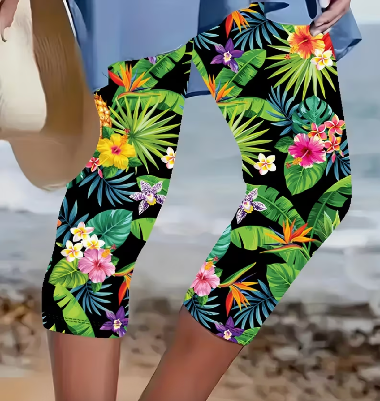 Plus Size Women'S Tropical Floral Print Capri Leggings