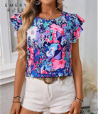 Women's Vacation Full Print Round Neck Cap Sleeve Cap Blouse