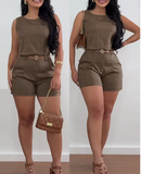 Retro Round Neck Sleeveless Vest Top and Shorts Set