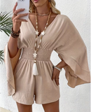 Vacation Plain Cape Sleeve Waist Cinched Jumpsuit