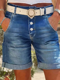 Women's Solid Color Rolled Hem Fitted Elegant Buttoned Front 5-Inch Denim Shorts