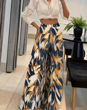 Fashionable Long Wide-Leg Pants with an Elegant Geometric Print