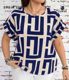 SHEIN LUNE Plus Size Women Geometric Print Round Neck Batwing Short Sleeve Blouse