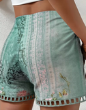 Women'S Printed Shorts with a Decorative Buckle Featuring a Lace Patchwork Design for