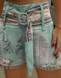 Women'S Printed Shorts with a Decorative Buckle Featuring a Lace Patchwork Design for