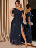 Cravure Plus Size Women's New Fashion Metallic Foil Mesh Shoulder Dress