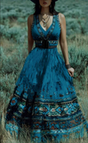 Women's Vintage Western -Neck Sleeveless Maxi Dress - High-Waisted Slim Fit & Full with Elastic Midi-to-Maxi Length Dress