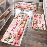 A Pink Cozy Kitchen-Themed Mat Featuring Floral And Butterfly Designs, Perfect for Decorating Your Home.