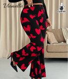 Vionelle Plus Size Valentine's Day Heart Elastic Flare Pants Plus Size Women Pants Wide Leg Pants Curv