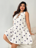 EZwear Plus Size Women Ditsy Floral Casual Front Tie Sleeveless Dress
