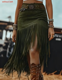 Bohemian Style Women'S Solid Color Patchwork Hip Wrap High Waist Tassel Skirt
