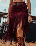 Bohemian Style Women'S Solid Color Patchwork Hip Wrap High Waist Tassel Skirt
