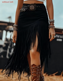 Bohemian Style Women'S Solid Color Patchwork Hip Wrap High Waist Tassel Skirt