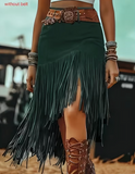 Bohemian Style Women'S Solid Color Patchwork Hip Wrap High Waist Tassel Skirt
