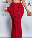 SOLERSUN Plus-Size Women's Solid Color Pleated Patchwork Ruffled Mermaid Elegant Midi Skirt,