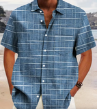 Men'S Short-Sleeve Shirt with Retro Geometric Pattern And Buttoned Pockets