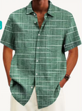 Men'S Short-Sleeve Shirt with Retro Geometric Pattern And Buttoned Pockets
