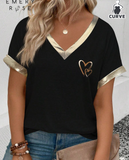 EMERY ROSE Plus Size V-Neck Short Sleeve T-Shirt With Gold Trim, Black Fabric, And Front Gold Heart