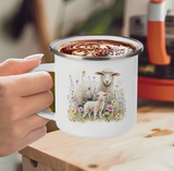 1 Cute Sheep & Floral Farmhouse Coffee Mug - Heavy-Duty Enamel Cup with Sheep & Flower Patterns in White, Brown, Green, Yellow, Pink, Blue - Glossy Enamel Coating Suitable for Christmas, Valentine's, Easter Gifts - Hand Wash Only, Rustic Farmhouse