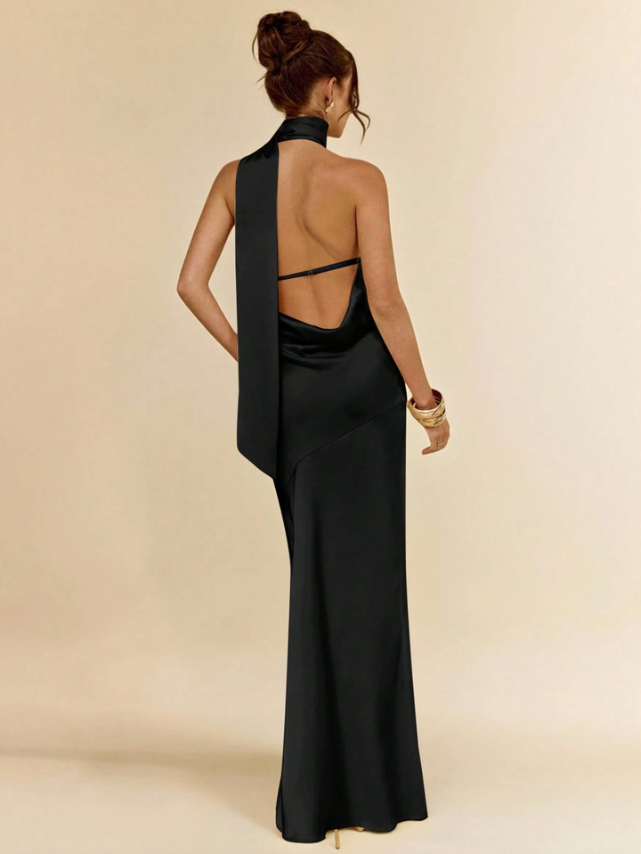 BAE Sexy Minimalist Solid Yellow Satin Asymmetric One Shoulder Hollow Back Tie Dress