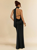 BAE Sexy Minimalist Solid Yellow Satin Asymmetric One Shoulder Hollow Back Tie Dress