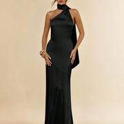 BAE Sexy Minimalist Solid Yellow Satin Asymmetric One Shoulder Hollow Back Tie Dress