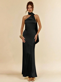 BAE Sexy Minimalist Solid Yellow Satin Asymmetric One Shoulder Hollow Back Tie Dress