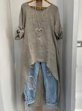 Women's Linen Asymmetrical Long Top, Round Neck Wide Vintage Comfortable -Linen Shirt