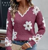 EMERY ROSE Women's Elegant Mink Fur Flower Pattern Lace Knit Sweater