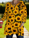 Women's Plus Size Sunflower Print Loose Fit Long Sleeve T-Shirt with Pockets