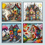 4pcs set of circular diamond painting- Fantasy-style fairy tale cottage illustration pattern