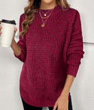 Women's Basic Loose Thick Waffle Knit Solid Color Long Sweater, Curved Hem, Casual Comfortable Crew Neck
