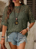 SHEIN LUNE Women's Casual Loose Fit Basic Short Sleeve T-Shirt For Home Wear, Summer,Casual Lace T Shirt Lace Shirts For Women Boho Tops For Women Latest Tops For Women New Arrivals Lace Blouse For Women,Summer Top