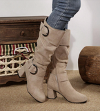 Fall/Winter 2025 Women's European & American Style Pleated Buckle Cone Heel Side Zipper Plus Size Knee-High Boots
