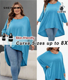 SHEIN CURVE+ Plus Size Loose Bat Wing Hem Asymmetrical Hem Front Short Back Long T-Shirt, Crew