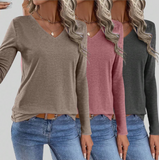3pcs Solid Color V-Neck Long Sleeve Casual Loose Tops, Women Spring