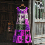 Plus Size Sleeveless A-Line Knee-Length Dress, Round Neck Patchwork Cat Print Knit Fabric, Medium Stretch,