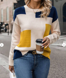 Color Block Drop Shoulder Sweater,Ladies Late Fall Casual Long Sleeve Loose Multicolor Drop Shoulder