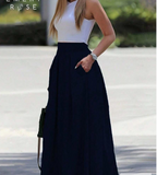 EMERY ROSE A-Line Solid Color High Waist Slant Pocket Navy Blue Maxi Skirt