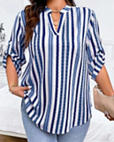 SHEIN Clasi Plus Size Striped V-Neck Long Sleeve Shirt, Minimalist And Fashionable,