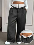 Plus Size Women's Contrast Color Zipper Front Pockets Pleated Wide Leg Suit Pants