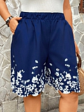 Plus Size Women Elegant Patterned Elastic Waist Ruffle Trim Pocket Shorts