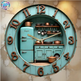A 2D Wall Clock with a Vintage Kitchen Design, Featuring a Silent Quartz Movement And a Teal Retro Aesthetic. It Includes a Cabinet Door And Is Suitable for Home, Café, Garage