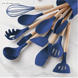 12-Piece Set Of Silicone And Wooden Non-Stick Cookware Utensils, Including Soup Skimmer, Strainer