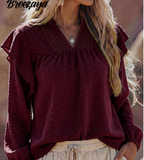 Breezaya Swiss Dot Ruffle Trim Lantern Sleeve Blouse,Ladies Casual Contrast Lace,Frill,Ruffle Long