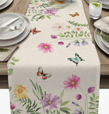 Spring Flower Butterfly Linen Table Runners Holiday Party Decorations Washable Farmhouse Kitchen Dining