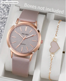2pcs/Set Women's Fashion Simple Scale Dial Classic Elegant Quartz Wrist Watch + Heart-Shaped Bracelet,